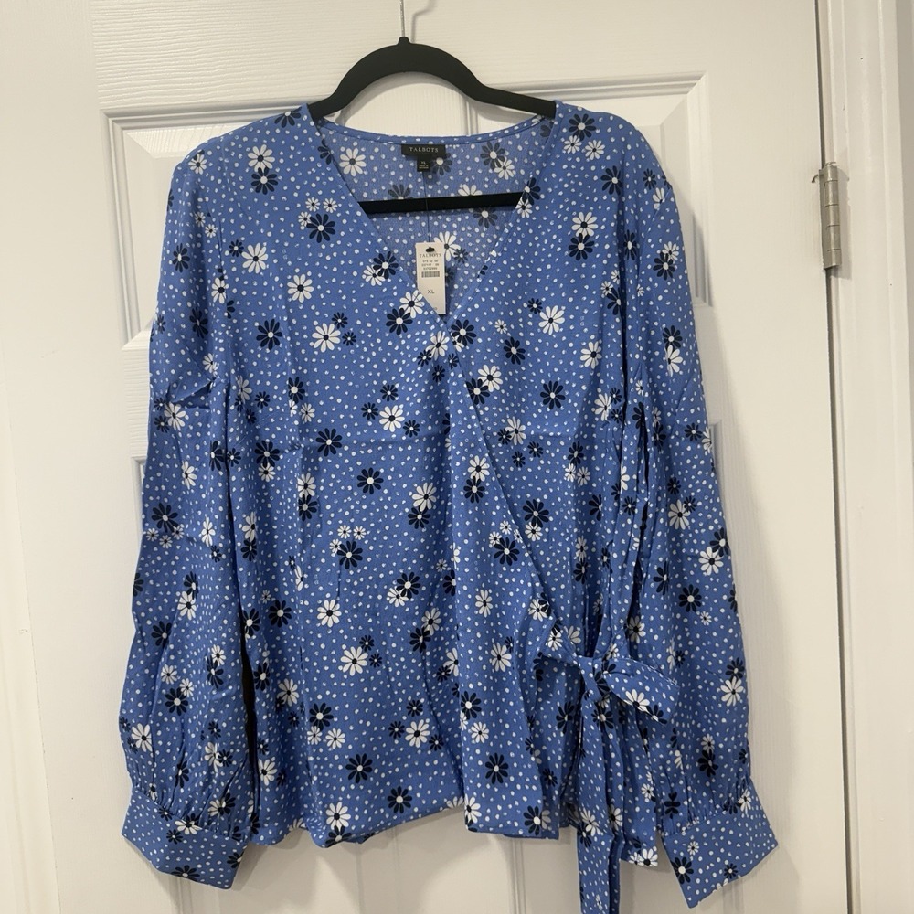 Talbots L‎ Petite Baby Blue V-Neck Floral Dot Wrap Long Sleeve Blouse NWT  Print